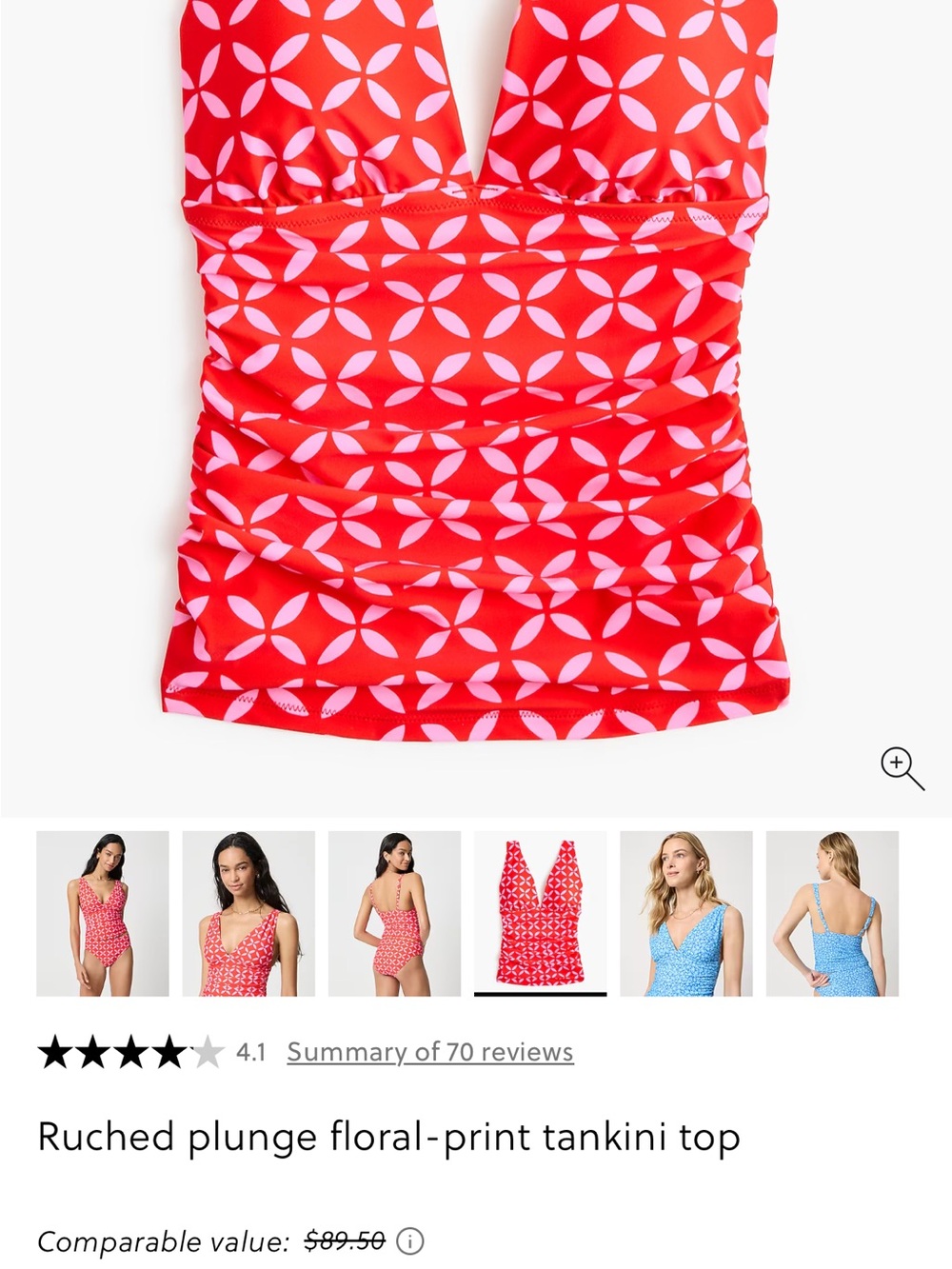 J. Crew Factory Red Floral-Print Ruched Plunge Tankini Top